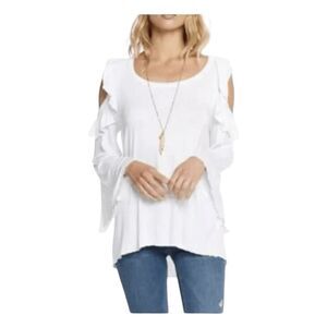 Chaser Ruffle Cold Shoulder‎ Top White Cotton Knit Bell Long Sleeve S